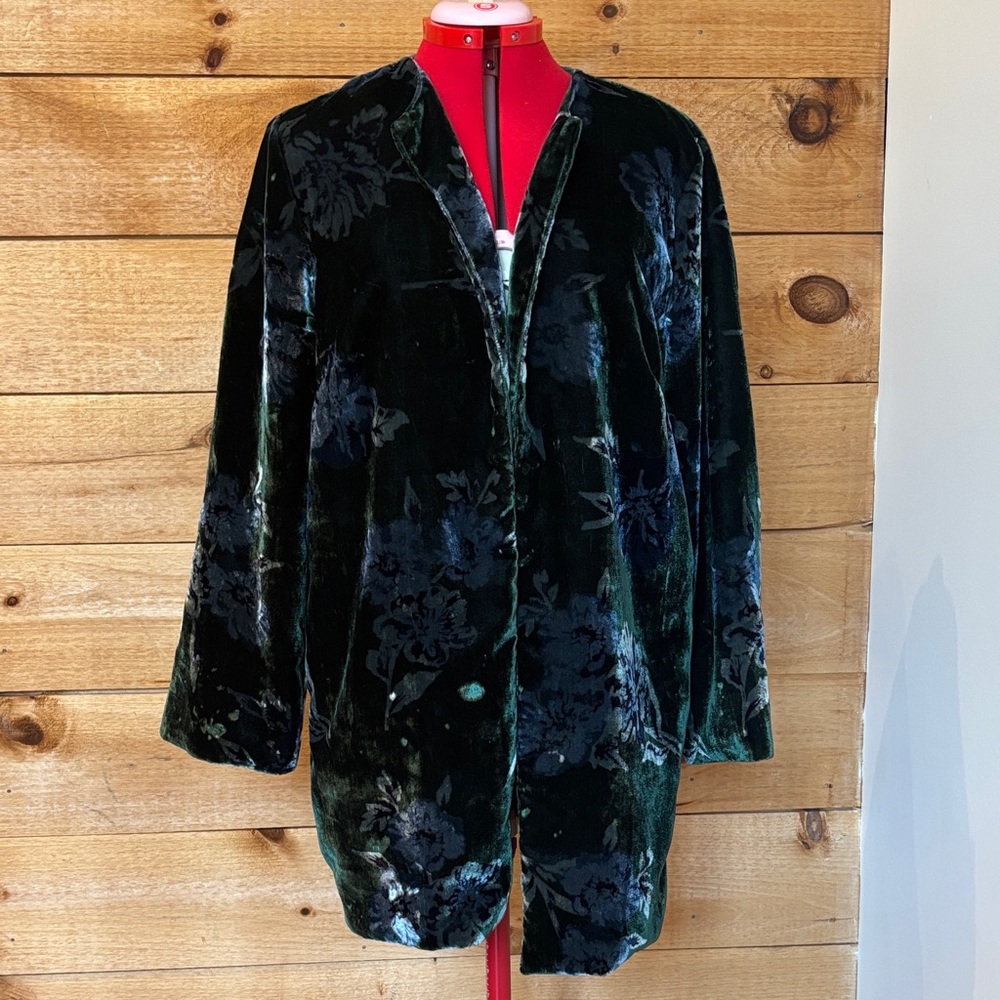 Anthropologie Velvet Floral Burnout Jacket in Deep Green and Black